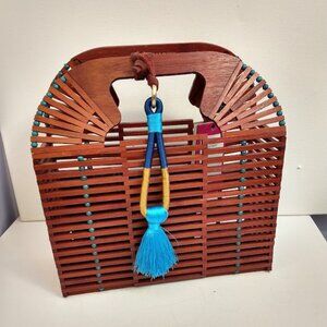 Vince Camuto Bayne Bamboo Clutch Purse NEW Cinnabar Brown Aqua Resort Vacation